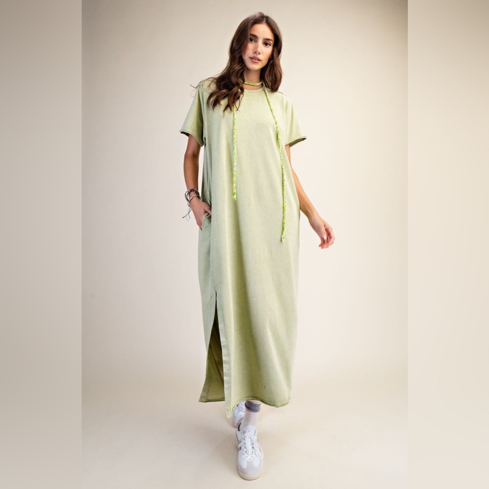 ⭐️ EASEL SML NWT Casual Green Maxi  Shirt Dress WASHED TERRY MIDI